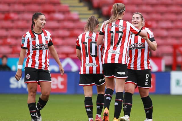 Maddy Cusack of Sheffield Utd (R) celebrates scoring her first goal, Sheffield United's third during a recent FA Women's Championship match at Bramall Lane, Sheffield. (Picture: Simon Bellis / Sportimage)