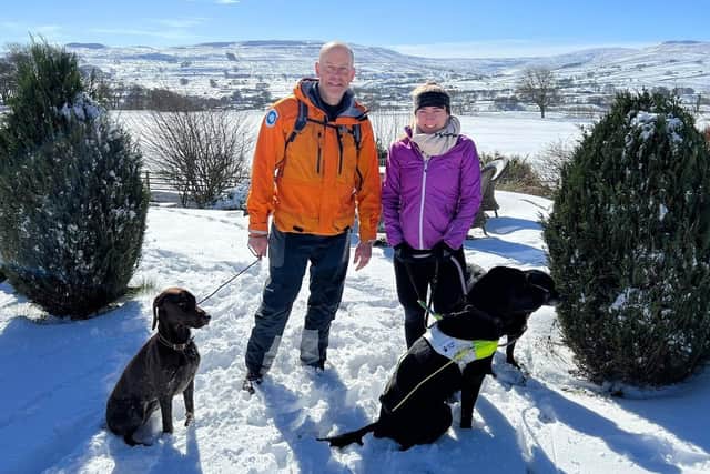 Phil Spencer and Libby Clegg with dogs Luna, Bramble and Hatti at Simonstone Hotel. (Pic credit: Raise the Roof Productions / Channel 4)