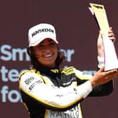 LE CASTELLET, FRANCE - JULY 23: Race winner Jamie Chadwick of Great Britain and Jenner Racing (55) celebrates on the podium during the W Series Round 4 race at Circuit Paul Ricard on July 23, 2022 in Le Castellet, France. (Photo by Clive Rose/Getty Images)