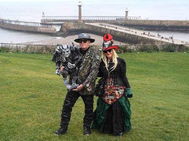 Hilary and Stephen Draper against the backdrop of Whitby harbour