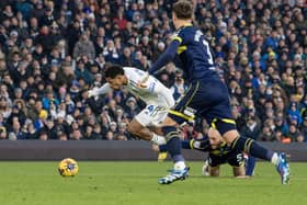 Leeds United's Georginio Rutter earns a penalty as he is brought down by Boro's Matt Clarke. Picture: Tony Johnson.