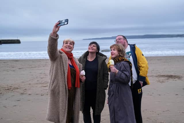 Kate Fox, Wendy Galloway, Luke Beech and Liberty Hodes  on the beach at Scarborough. Picture: Tony Bartholomew.