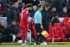 HISTRIONICS: Juergen Klopp, Manager of Liverpool shouts at linesman Gary Beswick during the Premier League match between Liverpool and Manchester City at Anfield