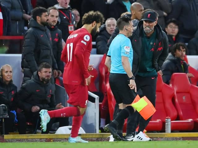 HISTRIONICS: Juergen Klopp, Manager of Liverpool shouts at linesman Gary Beswick during the Premier League match between Liverpool and Manchester City at Anfield