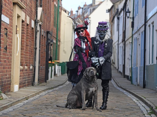 David and Julie Smith with Bert the dog on Skinner Street, Whitby.