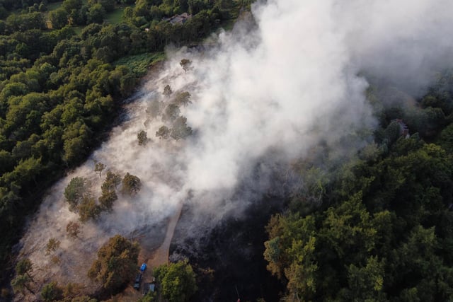 Firefighters respond to a large wildfire that has broken out in woodland at Lickey Hills Country Park on the edge of Birmingham. About sixty firefighters are tackling the blaze which broke out at the beauty spot earlier today.