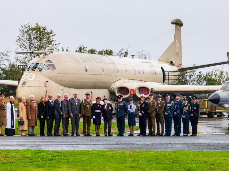 Pictured VIP's and official representatives from France, Belgium, Poland, Canada, Australia and New Zealand who attended the commemorations stand infront of the Hawker Siddeley Nimrod MR2 XV250. Picture: James Hardisty. Date: 6th September 2026.