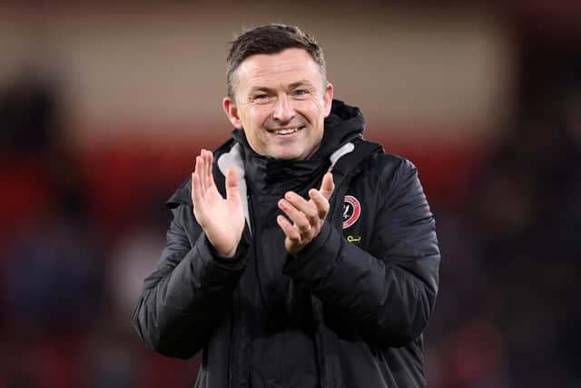 SHEFFIELD, ENGLAND - DECEMBER 26: Paul Heckingbottom, Manager of Sheffield United applauds the fans following victory in the Sky Bet Championship between Sheffield United and Coventry City at Bramall Lane on December 26, 2022 in Sheffield, England. (Photo by George Wood/Getty Images)