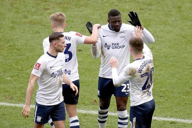 PRESTON, ENGLAND - JANUARY 07: Bambo Diaby of Preston celebrates Tom Lees of Huddersfields (not pictured) own goal during the Emirates FA Cup Third Round match between Preston North End and Huddersfield Town at Deepdale on January 07, 2023 in Preston, England. (Photo by Lewis Storey/Getty Images)