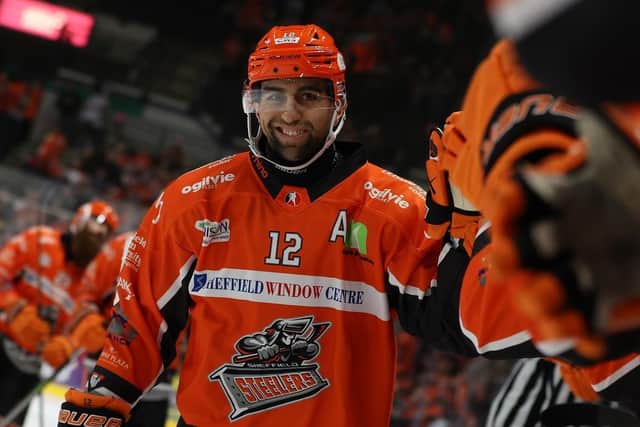 DOUBLE TOP: Daniel Ciampini celebrates one of his two goals in the 6-1 win at home to Dundee Stars Picture: Hayley Roberts/Steelers Media.