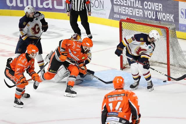 SO CLOSE: Kevin Tansey (No 6) goes close for Sheffield Steelers in their 3-2 defeat after a shootout to Guildford Flames. Picture: Hayley Roberts/Steelers Media.
