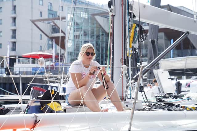 Heather Thomas, preparing for the Ocean Globe Race aboard Maiden. Image:The Maiden Factor