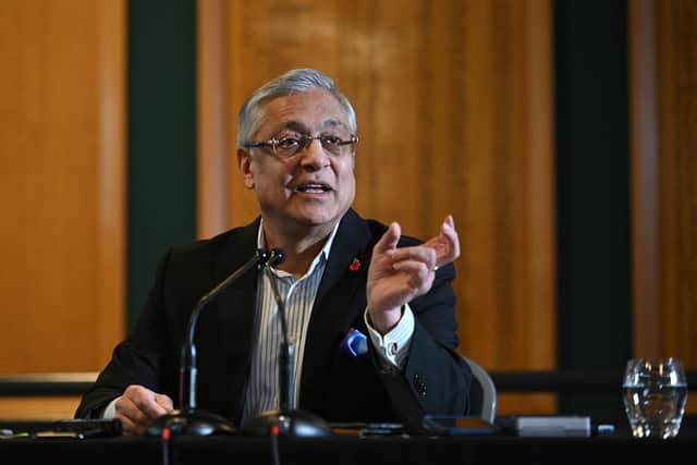 Lord Kamlesh Patel, the former Yorkshire chairman, speaking at the height of the racism scandal in November 2021. Patel sacked the Yorkshire coaching/backroom team in response to the crisis at Headingley. Photo by Oli Scarff/AFP via Getty Images.