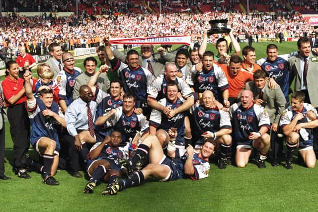 The Sheffield Eagles celebrate their victory after the Silk Cut Challenge Cup final against Wigan Warriors at Wembley Stadium in London. Sheffield won the match 17-8. (Picture: Alex Livesey/Allsport)