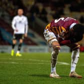 Tyreik Wright reacts to a missed opportunity for Bradford City against Salford. (Picture: Bruce Rollinson)