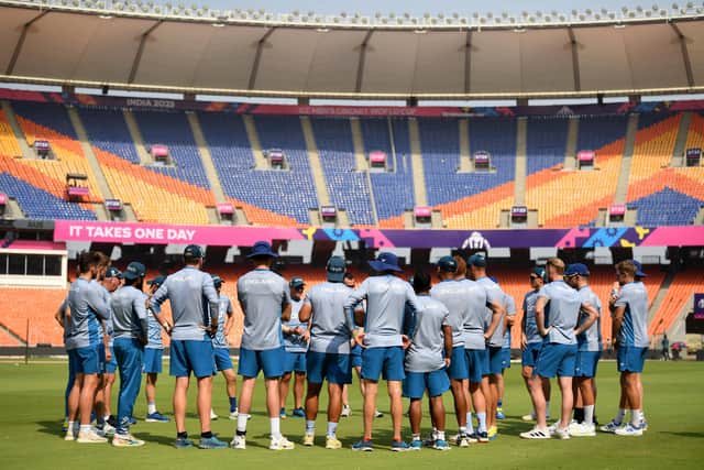 England discuss their plans ahead of Saturday's game in Ahmedabad. Photo by Gareth Copley/Getty Images.
