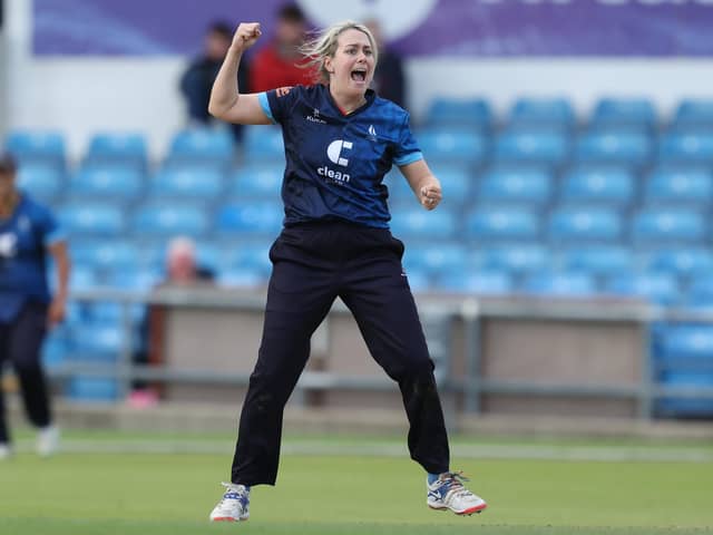 GOT HER: Northern Diamonds' Katie Levick celebrates taking the wicket of Central Sparks' Ami Campbell during the Rachael Heyhoe-Flint Trophy game last year. Picture by John Clifton/SWpix.com