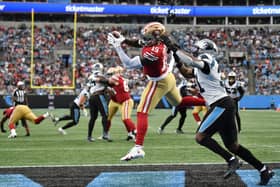 Deebo Samuel #19 of the San Francisco 49ers catches a pass for a touchdown in front of Juston Burris #31 of the Carolina Panthers during week five of the NFL season. (Picture: Mike Comer/Getty Images)