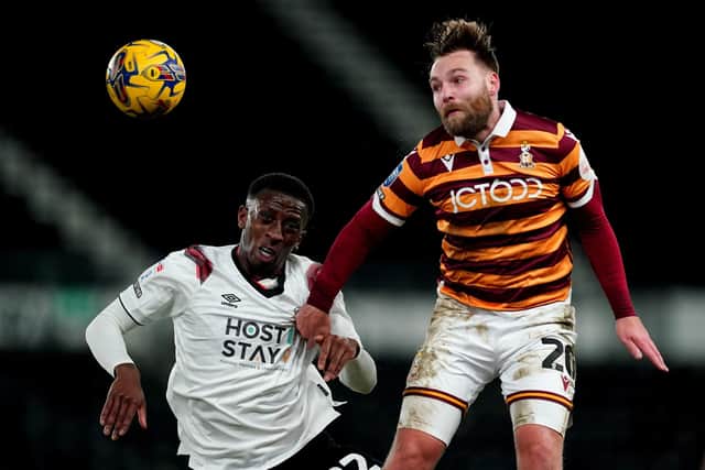 Derby County's Tyrese Fornah (left) and Bradford City's Harry Chapman battle for the ball (Picture: Nick Potts/PA Wire)