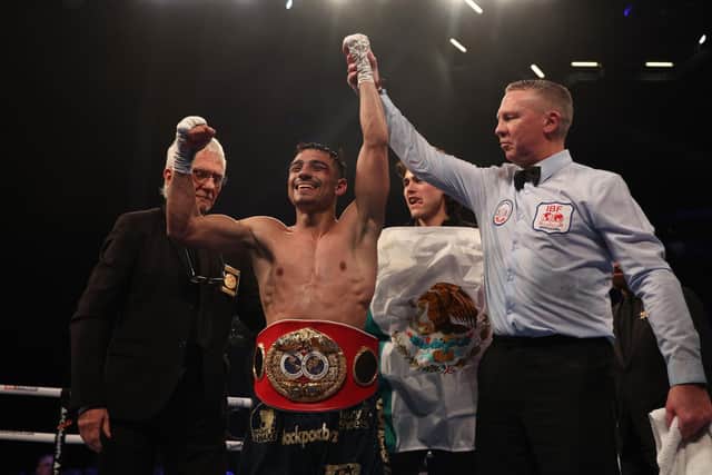 LEEDS, ENGLAND - DECEMBER 10: Luis Alberto Lopez celebrates defeating Josh Warrington during their IBF World Featherweight Title Fight at First Direct Arena on December 10, 2022 in Leeds, England. (Photo by Nigel Roddis/Getty Images)