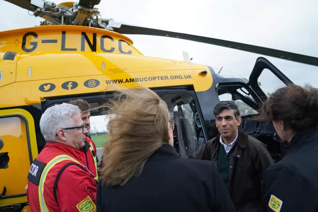 Prime Minister Rishi Sunak during a visit to Lincolnshire Air Ambulance Headquarters in Lincoln, Lincolnshire. Photo credit: Jacob King/PA Wire