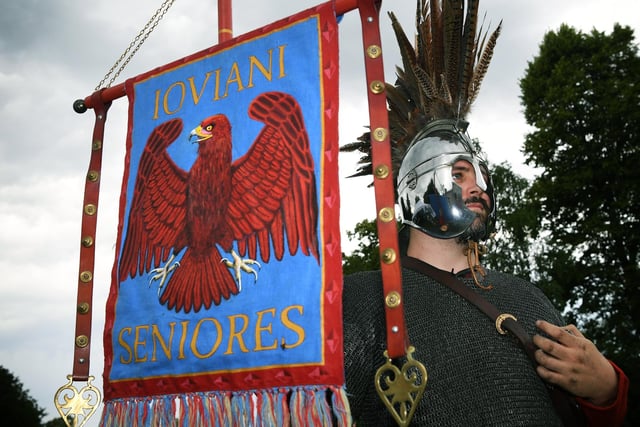 A man dressed up holding a 'Ioviani Seniores' flag.