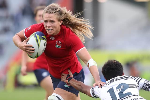 Scarborough's Zoe Aldcroft of England breaks a tackle to score a try during the Pool C Rugby World Cup 2021 New Zealand match between Fiji and England at Eden Park. (Picture: Phil Walter/Getty Images)