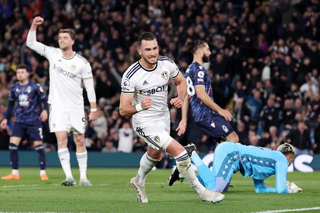 ON TARGET: Leeds United's Jack Harrison celebrates after scoring the hosts' first goal against Nottingham Forest at Elland Road Picture: Alex Livesey/Getty Images.