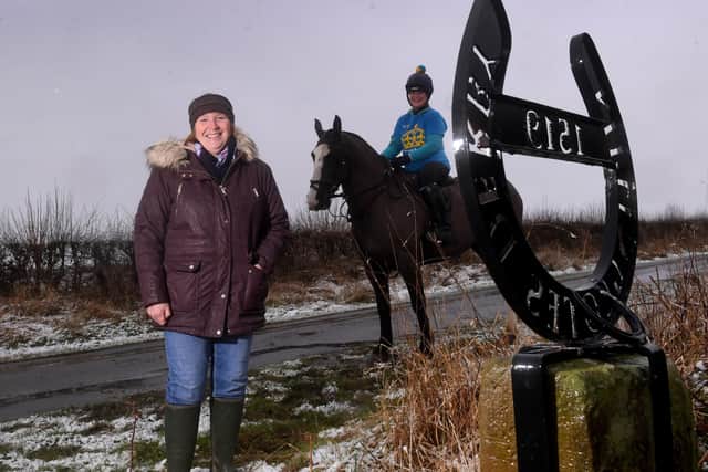 Clerk of the course Clare Waring is pictured with Carole Johnston on her horse Lorna