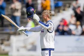 Will Luxton celebrates his maiden first-class hundred against Warwickshire at Scarborough last Friday. Picture by Allan McKenzie/SWpix.com