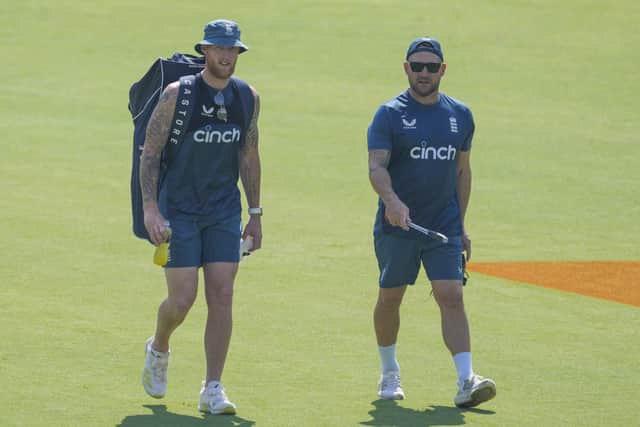 PREPARATION: England's captain Ben Stokes, left and head coach Brendon McCullum walk during a practice session in Rajkot on Wednesday Picture: AP/Ajit Solanki