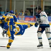 WE MEET AGAIN: Leeds Knights' Dylan Hehir clashes with Sheffield Steeldogs' Oliver Turner during Friday's NIHL National showdown at Elland Road. Picture courtesy of Oliver Portamento