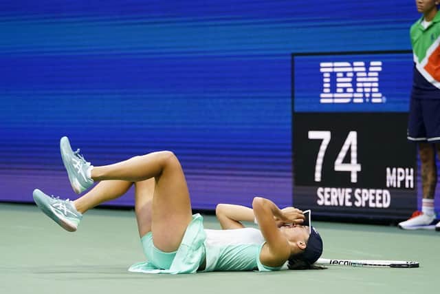 CHAMPION: Poland's Iga Swiatek reacts after defeating Tunisia's Ons Jabeur to win the women's singles final of the US Open on Saturday night. Picture: AP/Frank Franklin II