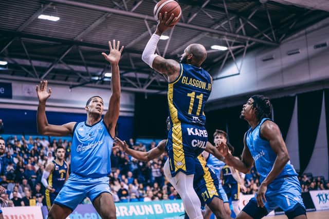 Rodney Glasgow and the Sheffield Sharks in action against Caledonia Gladiators, the team they hope to meet in the BBL Trophy final (Picture: Adam Bates)