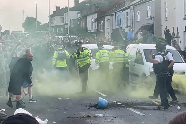 Trouble flares during a protest in Southport, after three children died and eight were injured in a "ferocious" knife attack during a Taylor Swift event at a dance school. Credit: Richard McCarthy/PA Wire