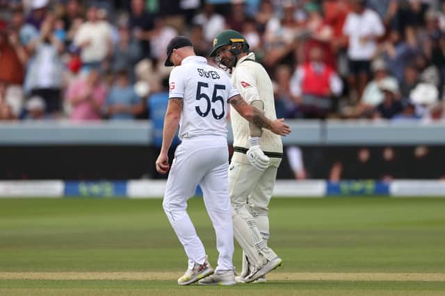 Ben Stokes of England talks to Nathan Lyon of Australia after he batted with an injured calf during Day Four of the LV= Insurance Ashes 2nd Test match between England and Australia at Lord's (Picture: Ryan Pierse/Getty Images)