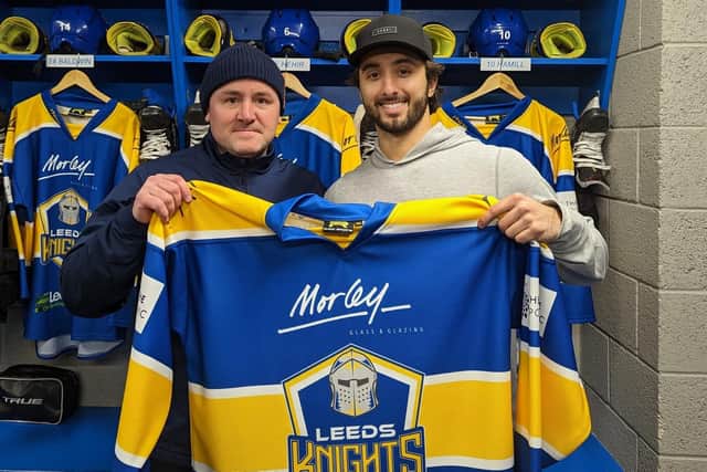 WELCOME PARTY: Head coach Ryan Aldridge (left) greets new import forward Jake Witkowski at Elland Road on Monday. Picture courtesy of Leeds Knights.