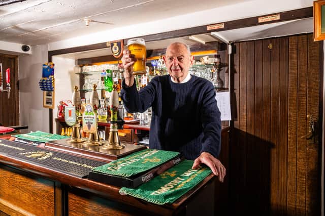 Frank Collins, 97, landlord of the Dog & Partridge Inn, Forest Hill Road, Holywell Green, Halifax, is believed to be the oldest landlord in the country. Picture: James Hardisty.