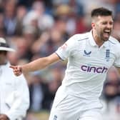 England's Mark Wood celebrates after taking the wicket of Australia's Todd Murphy (not pictured)  during day one of the third Ashes test match at Headingley, Leeds.