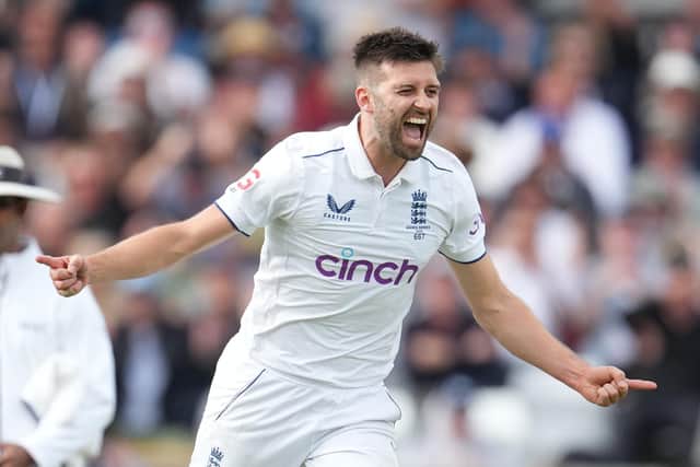 England's Mark Wood celebrates after taking the wicket of Australia's Todd Murphy (not pictured)  during day one of the third Ashes test match at Headingley, Leeds.