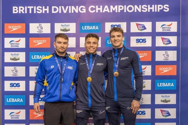 Ross Haslam, right, after finishing third in the British Championships 3m springboard event behind City of Sheffield clubmate Jordan Houlden, centre, and Dan Goodfellow, left, from the City of Leeds (Picture: British Swimming/Ben Tillett Photography)