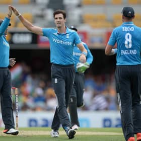 Steven Finn celebrates a wicket for England in the tri-series in Australia in 2015. Photo by Gareth Copley/Getty Images