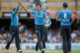 Steven Finn celebrates a wicket for England in the tri-series in Australia in 2015. Photo by Gareth Copley/Getty Images