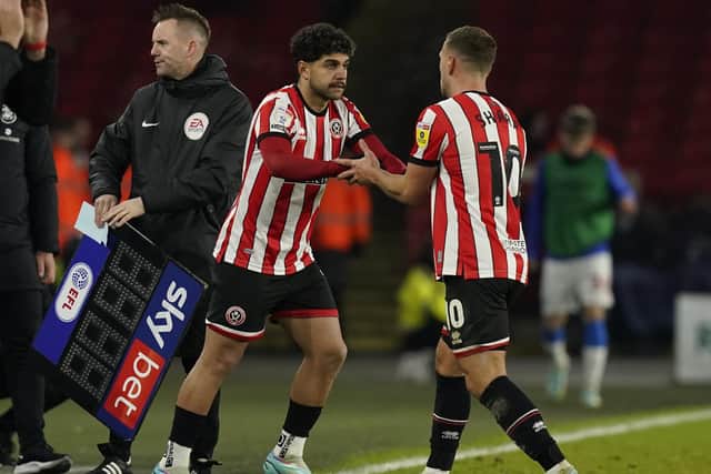 Reda Khadra of Sheffield United replaces Billy Sharp of Sheffield Utd  during the Sky Bet Championship match at Bramall Lane, Sheffield. (Picture: Andrew Yates / Sportimage)