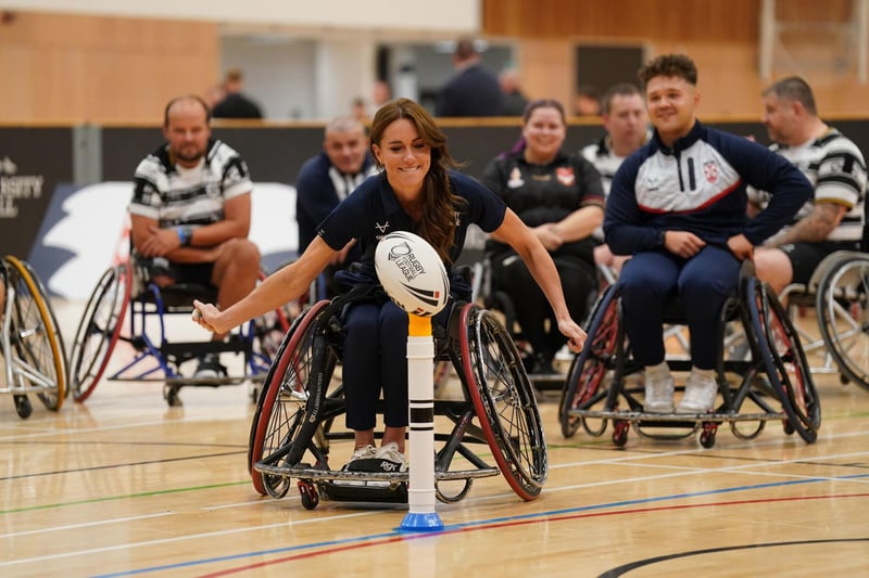 The Princess of Wales, Patron of the Rugby Football League, takes part in a wheelchair rugby session during a visit to the Allam Sports Centre at the University of Hull to take part in a Rugby League Inclusivity Day hosted by the Rugby Football League Hull FC and the university.  Photo credit: Owen Humphreys/PA Wire