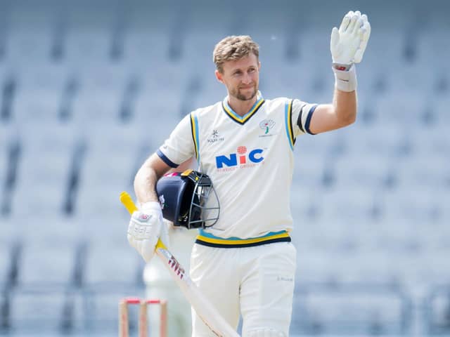 Joe Root celebrates his century against Glamorgan, the 11th of his Yorkshire first-class career. Picture by Allan McKenzie/SWpix.com