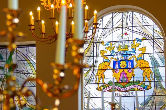 Stained glass window with the Company of Merchant Taylors crest at the Merchant Taylors' Hall in York. Picture by Mareks Strods.