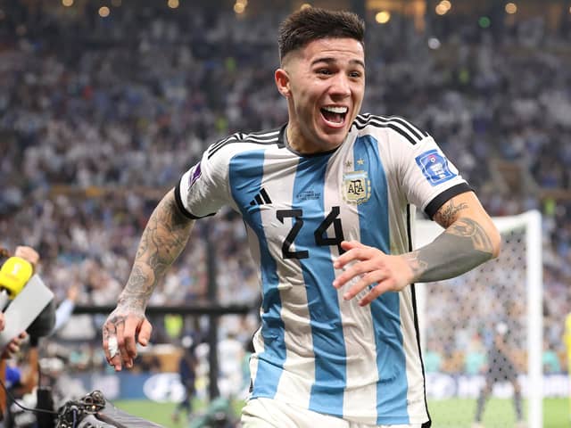 LUSAIL CITY, QATAR - DECEMBER 18: Enzo Fernandez of Argentina celebrates the team's third goal scored by Lionel Messi during the FIFA World Cup Qatar 2022 Final match between Argentina and France at Lusail Stadium on December 18, 2022 in Lusail City, Qatar. (Photo by Julian Finney/Getty Images)