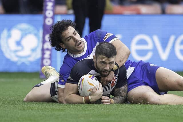 Andy Ackers scores a try against Greece. (Photo: Allan McKenzie/SWpix.com)