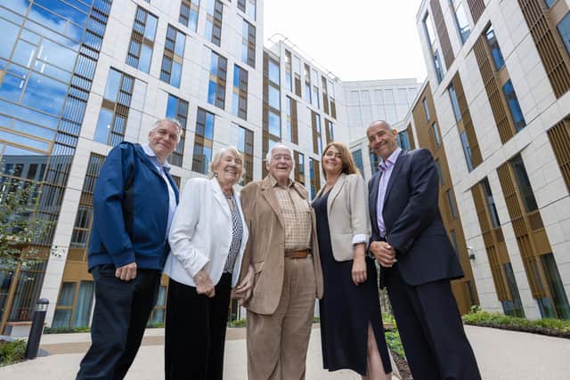 The Pickard family team at Carlton Hill , their latest development. The new, purpose built student accommodation in Leeds is highly energy efficient.. Left to Right: Miles Pickard, Barbara Pickard, Brian Pickard, Catherine Coleman and Simon Pickard